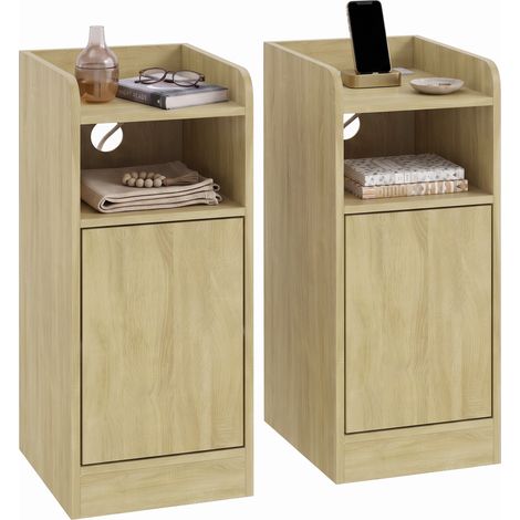 HOMCOM Slim Bedside Table Set of 2 with Charging Station, Oak (1/5)