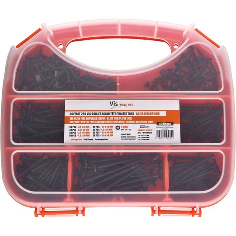 Assortiment de 280 VBA Vis bois agglo Tête fraisée TORX Acier zingué noir Embout - 1 pièce (1/4)