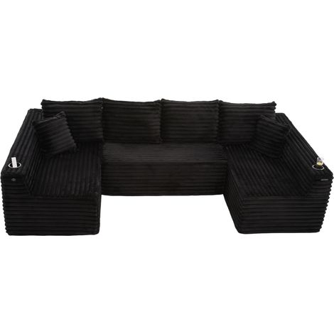 Modulares U-Sofa aus schwarzem Cord mit Becherhalter und Seitentaschen (1/5)