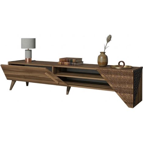 Mobile Porta tv Campli, un Ripiano, Un'anta, 3 Vani, 180x40x37h cm Marrone Noce
