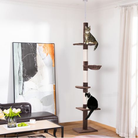 Arbre à chat de plafond en sisal et peluche marron, 5 niveaux pour griffer, se reposer et grimper, 40 x 34 x 230-260 cm (1/5)