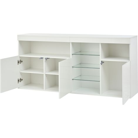 Buffet de salon blanc laqué brillant avec LED, 3 portes et étagères en verre, 155,5 x 35 x 72 cm (1/5)