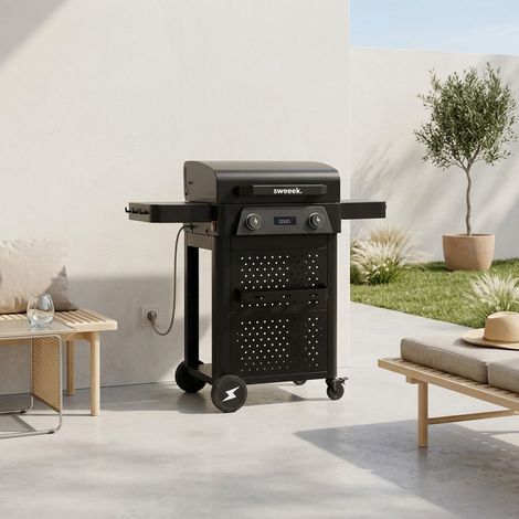 Barbecue électrique acier émaillé 2 brûleurs 2300 W. 2 tablettes. thermomètre. écran de contrôle - Voltis (1/5)