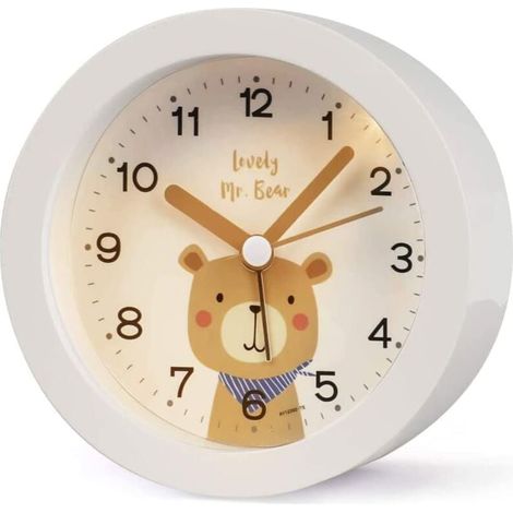 Kinderwecker, geräuschlos, Reisewecker, Schreibtischwecker, mit Doppelglocke und Licht für Kinderzimmer (Weiß) (1/4)
