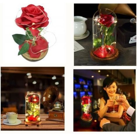 Rose Eternelle - La Belle et la Bête - Lampe LED - Couvercle Verre - Base Bois - Rouge (1/4)