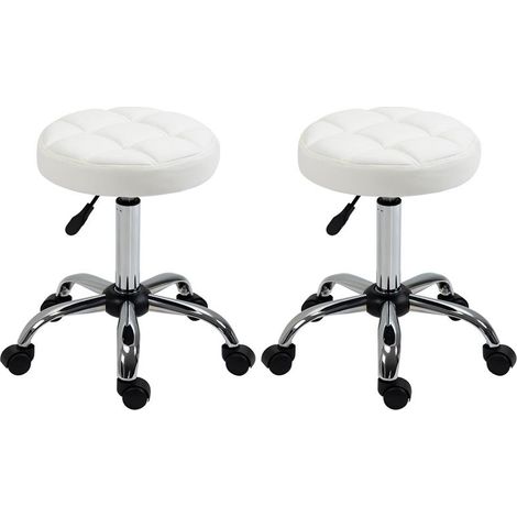 SGABELLO GIREVOLE ROTONDO CON RUOTE. ALTEZZA REGOLABILE E RIVESTIMENTO IN FINTA PELLE. BIANCO (1/5)