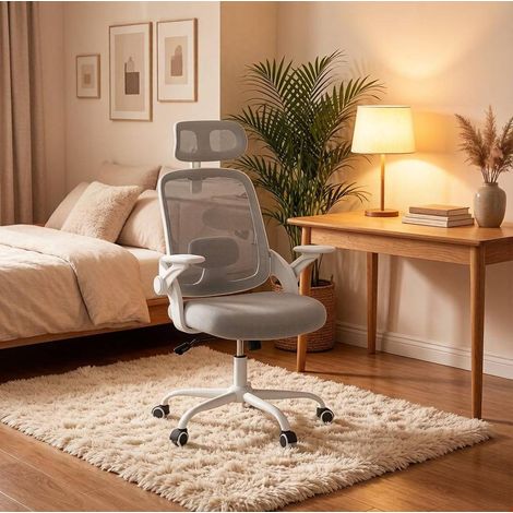 Sedia da ufficio ergonomica alta in rete grigio chiaro con poggiatesta regolabile MODENUIT (1/4)