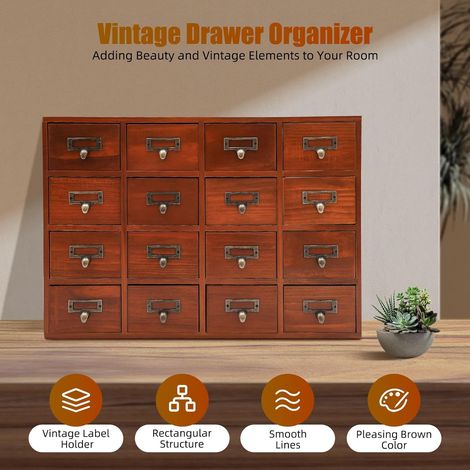 Apotheker-Schrank mit 16 Schubladen, Retro-Buchkartenkatalogsschrank - Holz-Desktop-Aufbewahrungsschrank mit Etikettenhalter und Griff für Home Office, Handwerks- und Kräuterlager, braun