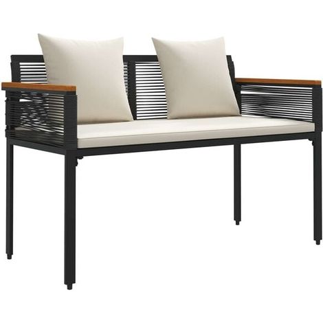 Le banc d'extérieur noir et blanc mesure 117 x 54 x 74,5 cm et est fabriqué en rotin. (1/5)