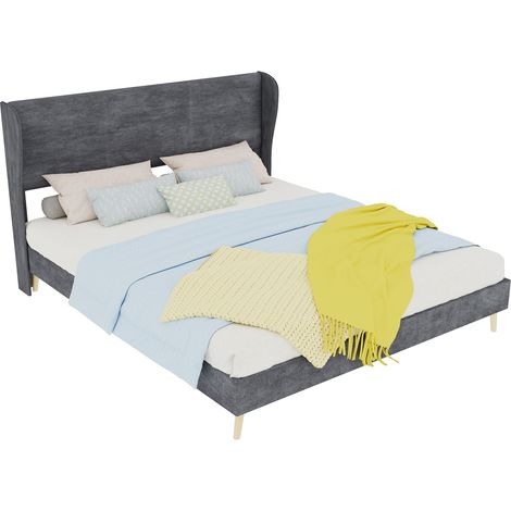Lit rembourré moderne minimaliste 160x200 cm gris, tête de lit souple, base basse sans rangement, matelas inclus – chambre à coucher (1/4)