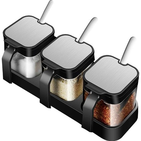 Set mit 3 Gewürzdosen aus Glas, transparente quadratische Gewürzdosen mit Edelstahllöffel, Küchengewürzbox mit Boden zum Kochen von Gewürzen, Zucker, Salz, Samen, Tee (schwarz)