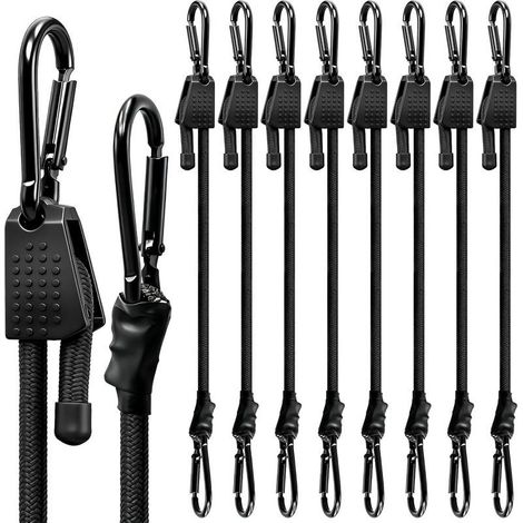 Lot de 8 tendeurs réglables en caoutchouc avec mousqueton, tendeur à bagages, noir, 100 cm, avec mousqueton, en caoutchouc extra résistant, pour voile d'ombrage, voiture et activités de plein (1/5)