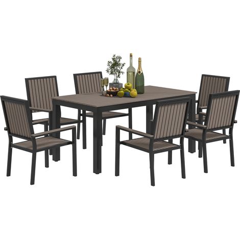 Outsunny 6 Seater Aluminium Garden Dining Set with Stackable Chairs, Brown (1/5)