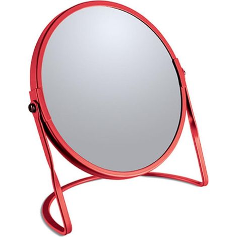 Miroir grossissant sur Pied - Acier Robuste - Double Face avec Grossissement x5 et Miroir Classique - Pivotant à 360° - Rouge Mat (1/3)