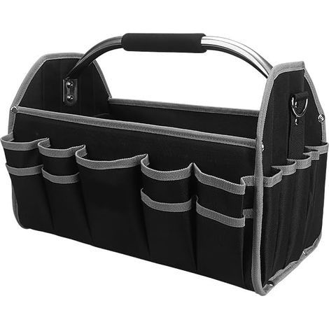 16" offene Werkzeugtasche für Elektriker, verstärktes 600D-Material, Werkzeughalter mit 16 Außentaschen, Stahlgriff und Schultergurt (Grau) (1/5)