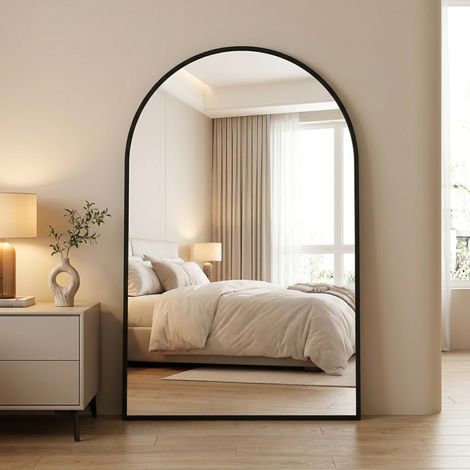 Miroir mural rond en aluminium avec cadre noir, 120x80 cm en alliage d'aluminium résistant aux chocs, peut être posé contre le mur ou accroché, miroir debout pour la chambre, la salle de (1/5)