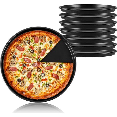 Plaque à pizza ronde - Revêtement antiadhésif et répartition uniforme de la chaleur - Bords roulés pour plus de sécurité - Lot de 8 pièces - Pour la maison et les professionnels - Noire (1/4)