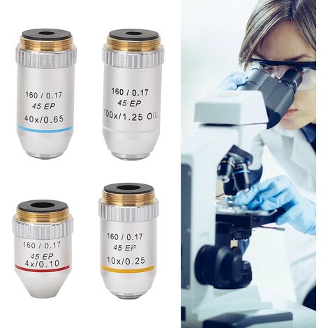 Biologische Mikroskopobjektive mit 4x, 10x, 40x und 100x Vergrößerung sowie achromatische Objektive des Typs 195EP können als Zubehör für Mikroskope/Teleskope verwendet werden. (1/5)