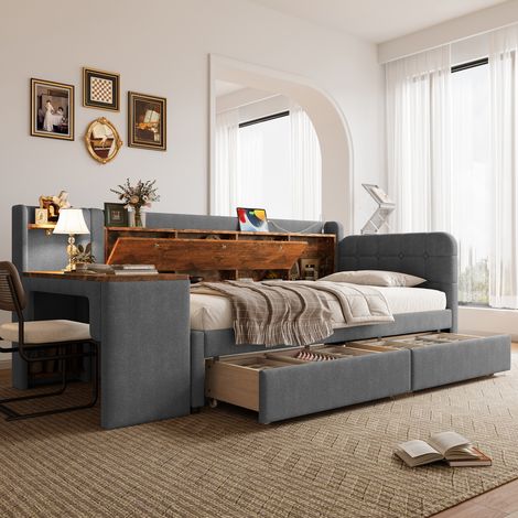 Letto daybed moderno 90x200 cm in lino grigio e MDF, con testiera USB/Type-C, 2 cassetti, scrivania e vano contenitore (1/5)