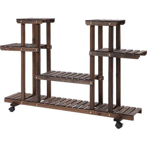 Estantería para plantas de madera oscura con ruedas 123,5 x 33 x 80 cm para jardín y balcón (1/5)