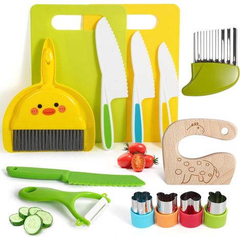 15 Couteaux de Cuisine pour Enfants pour Une véritable Cuisine avec emporte-pièces à légumes, Couteau en Bois, Planche à découper, etc. Couteau pour Enfants à partir de 2 Ans, Couteau (1/5)