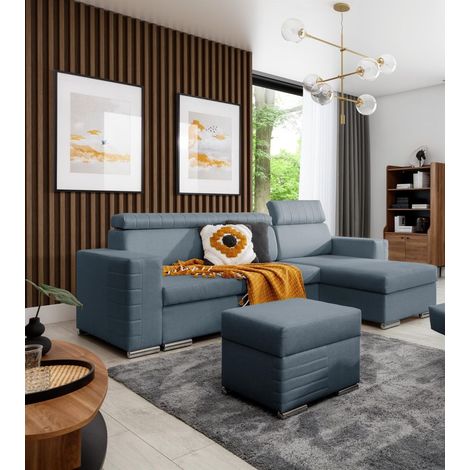 Ecksofa Schlafsofa inkl. Hocker CANTON Stoff Liverpool Azurblau Ottomane Rechts (1/4)