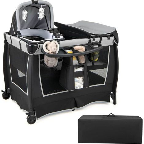 Facile à monter, lit parapluie bébé 6 en 1 avec table à langer, berceau amovible et roulettes (1/2)