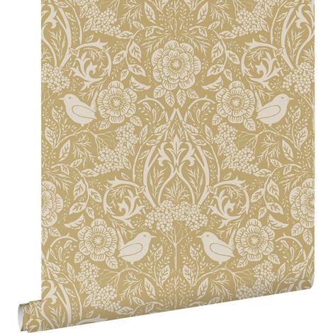 papier peint fleurs et oiseaux de style art nouveau jaune ocre  - ESTAhome (1/5)