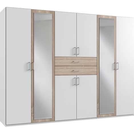 Armoire Placard, meuble de rangement avec 2 miroirs coloris Blanc, rechampis imitation chêne - Longueur 270 x Hauteur 208 x Profondeur 58 cm (1/3)