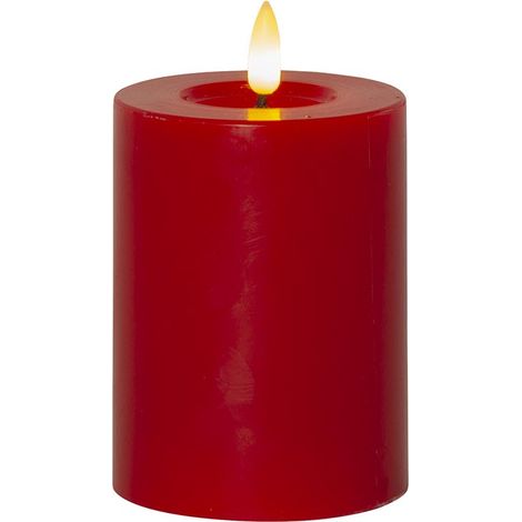 Kleine Stumpenkerze ,Flamme Flow' in Rot, Batterien, Timer, Echtwachs, warmweiß flackernd, H 12cm, Ø 7,5cm (1/4)