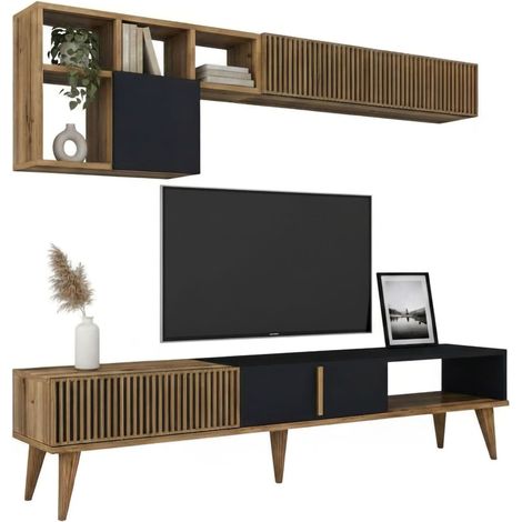 Dmora - Parete attrezzata Gemini, Composizione soggiorno, Mobile salotto multiuso, Armadio porta TV, 180x35h40 cm, Noce e Antracite, con imballo rinforzato, con imballo rinforzato