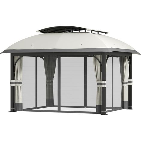 Pavillon mit Doppeldach, 4x3,3 m Wasserabweisend Stabil Winterfest Gartenpavillon mit Moskitonetz, Seitenteile, Garten-Pavillon aus verzinktem Metall, für Garten, Terrasse, Hellgrau Aosom
