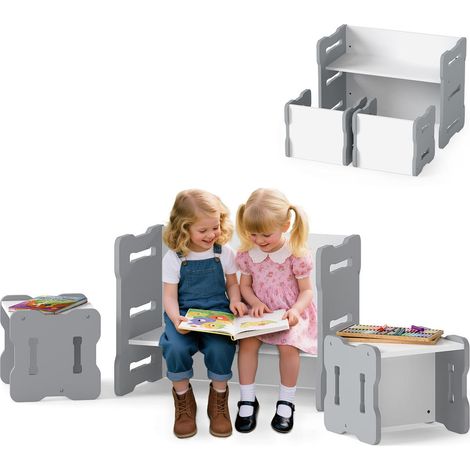 Pour chambre ou salle de jeux, gain de place avec ensemble table enfant gris et 2 tabourets rangeables (1/5)