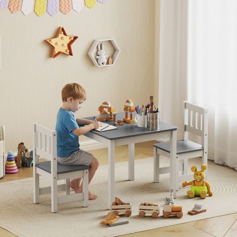 Ensemble table et chaises en bois 3 pièces pour enfants de 3 à 8 ans, bords arrondis. Gris et blanc.