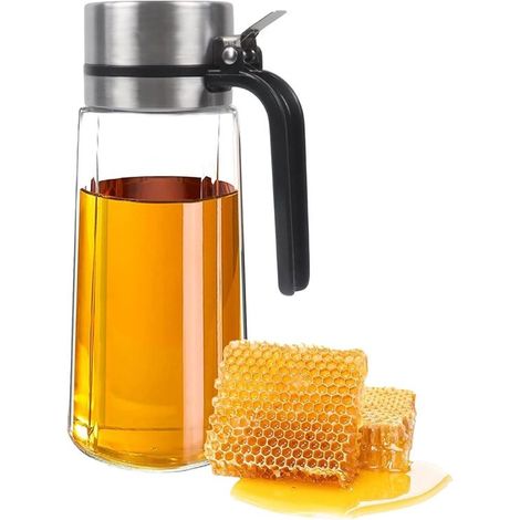 Dosatore in vetro da 650 ml per miele con beccuccio in acciaio inox e coperchio antigoccia, ideale per cucina e bar, per condimenti per insalate e salse. (1/5)