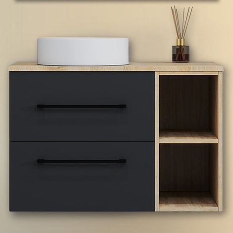 Aica Ensemble meuble de Salle de Bain Suspendu 80cm avec Vasque, 2 Tiroirs + Rangements Ouverts + Vasque céramique, Chêne + Anthracite