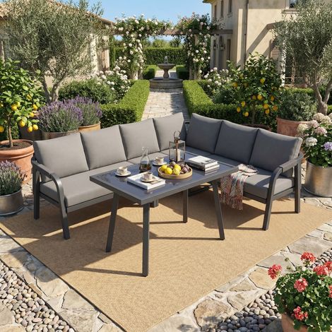 Ensemble jardin 6 personnes canapé d'angle et table, accoudoirs tressés tube acier galvanisé design gris
