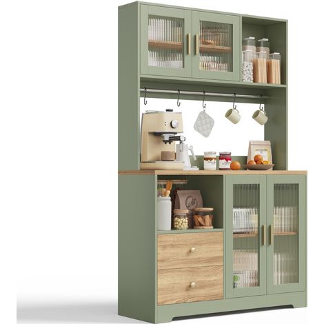 CHICFURN Armario de cocina alto con LED RGB, vitrina de vidrio templado, enchufes y USB, estante para vino y café, MDF verde envejecido 110x40x178 cm (1/5)