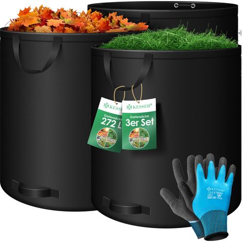 KESSER® Gartensack Set Laubsack Gartenabfallsack inkl. Handschuhe - Selbststehend 4 Griffe Stabil Robust & Faltbar - Laubsäcke Rasenschnitt Gartensäcke   Schwarz / 3x 272 Liter
