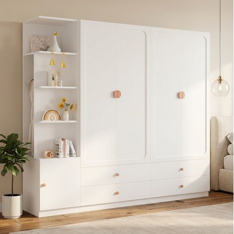MODFU – Armoire 200x225x45 cm MDF/bois massif/acier – Portes battantes, 3 penderies et 4 tiroirs – Charge 30/20 kg – Chambre – Blanc (1/5)