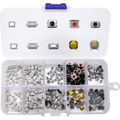 250 Pièces 10Value Boutons poussoirs tactiles Micro Momentary Tact Assortiment Kit, d'assortiment de Bouton Tactile, pour Clé de Télécommande de Voiture, avec Boîte en Plastique (1/4)
