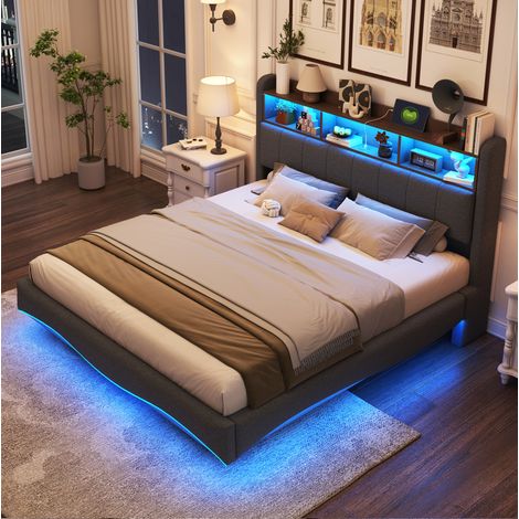 Bett Polsterbett Stauraum 160x200 LED Grau OKMYHOME (1/5)