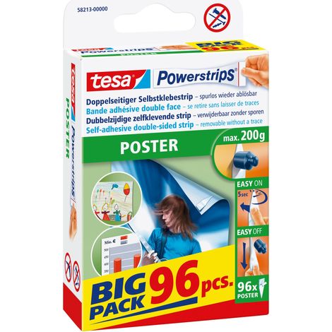 tesa Powerstrips POSTER Big Pack - Bandes adhésives double face pour affiches et pancartes - Autocollantes et amovibles sans laisser de trace - Peut contenir jusqu'à 200 g - 96 pièces (1/5)