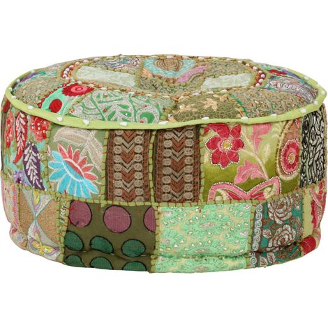 Patchwork Sitzpouf Rund Baumwolle Handgefertigt 40x20 cm Grün