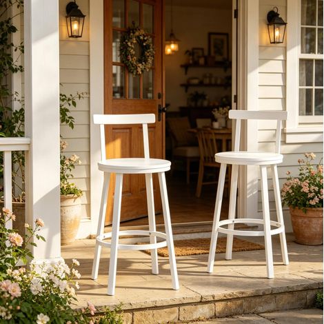Set da 2 sgabelli alti bianchi con schienale, metallo e MDF, 51,5 x 51,5 x 89 cm (1/5)