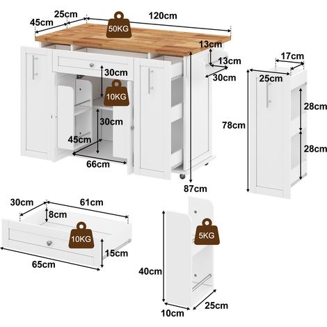 Mobile Kücheninsel mit klappbarer Arbeitsplatte, Küchenwagen mit 3 vertikalen Schubladen, 2 Türregalen und feststellbaren Rollen, 120 × 45 (70) × 87 cm (1/5)