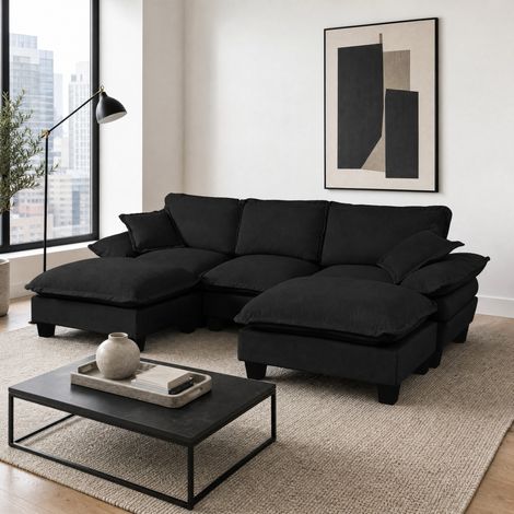 Sofá de esquina modular en U con 2 otomanas móviles y 2 cojines, chenilla negra HAVRYA (1/5)
