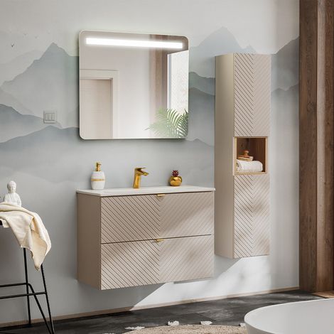 Conjunto mueble lavabo individual encastrado 80cm espejo LED y columna Manoa Cachemira y Madera (1/4)