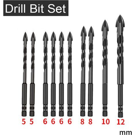 Set aus 10 Hartmetallbohrern für Stein, Fliesen, Ziegel, Keramik, Glas, Metall, Kunststoff und Holz, mit schnellwechselndem Sechskantschaft, Größen 5 mm, 6 mm, 8 mm, 10 mm, 12 mm (1/5)