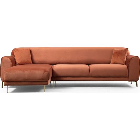 Canapé d'angle gauche design velours orange et pieds acier doré Liza (1/5)